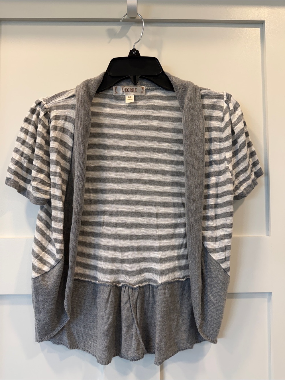 Decree Gray & White Striped Short Sleeve Open Cardigan